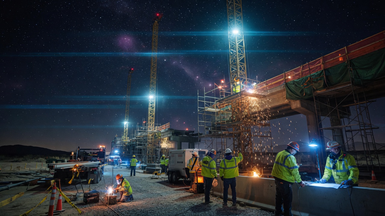 Crews constructing the Portal to Nowhere concert venue at night