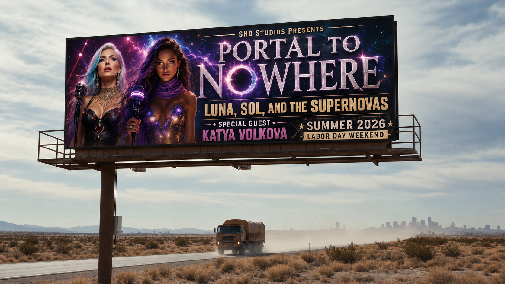 Portal to Nowhere concert billboard beside a desert highway