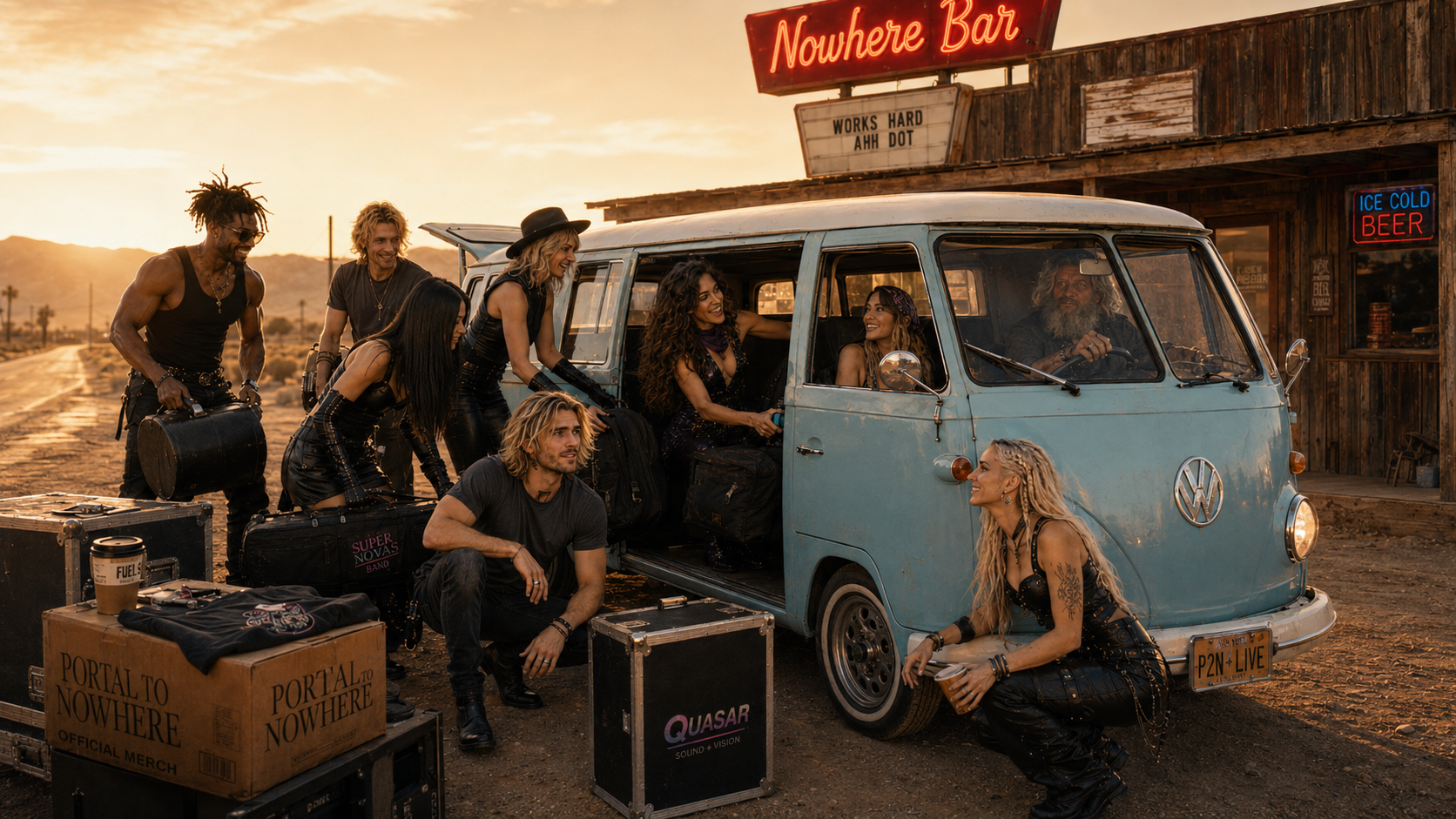 Luna, Sol and the Supernovas arriving at the Nowhere Bar