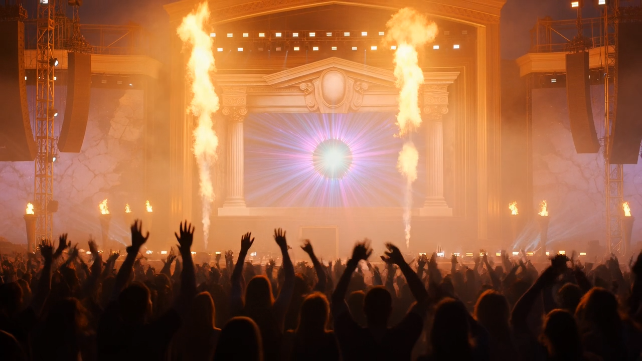 A mythological concert stage surrounded by fire and a cheering crowd