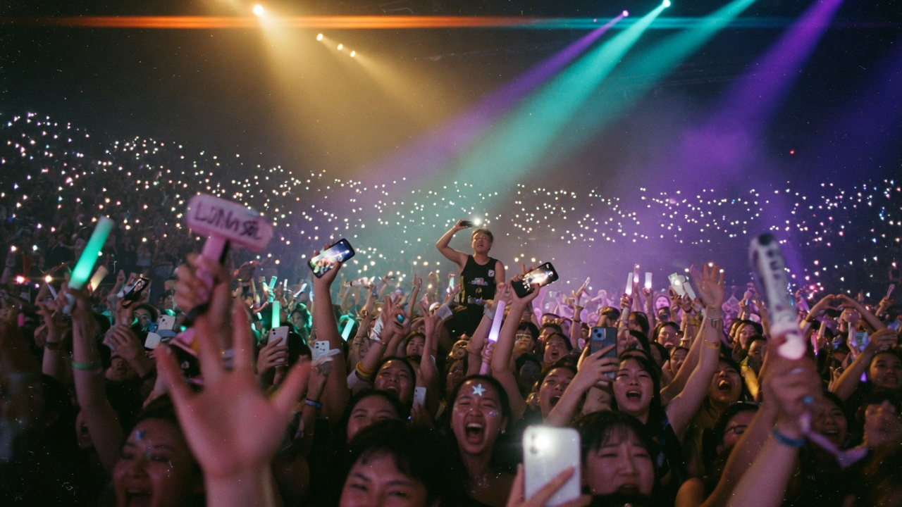 A concert crowd raising lights and phones toward the stage
