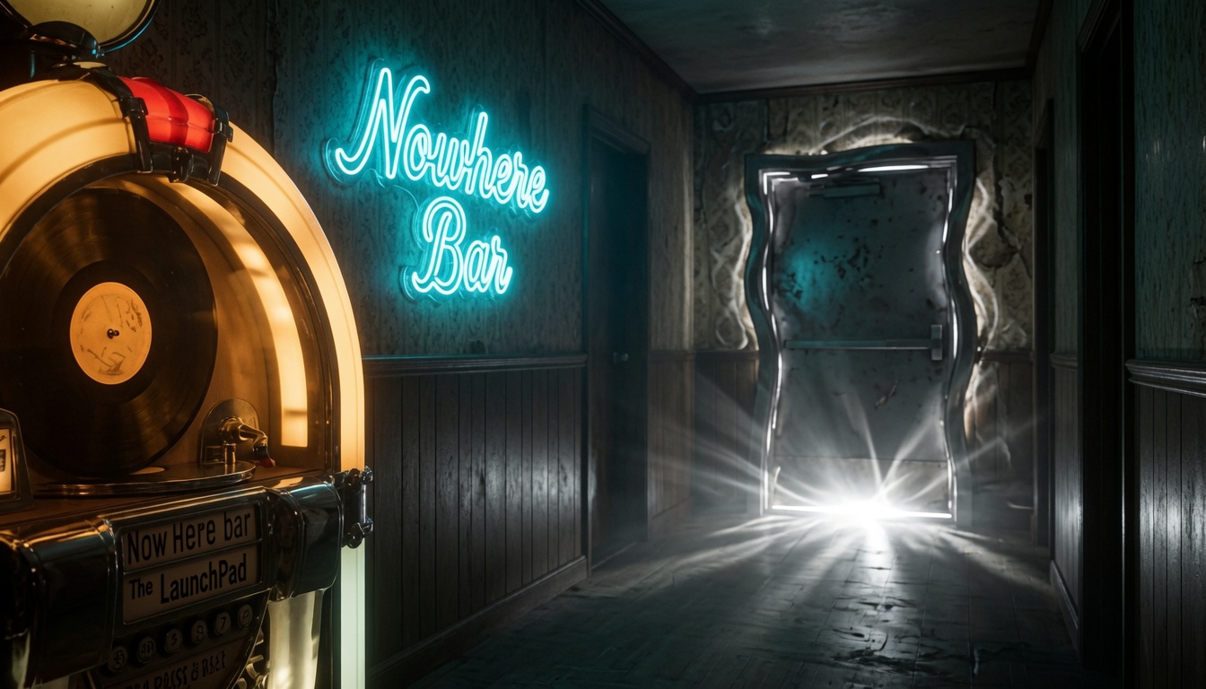 A luminous doorway opening inside the Nowhere Bar